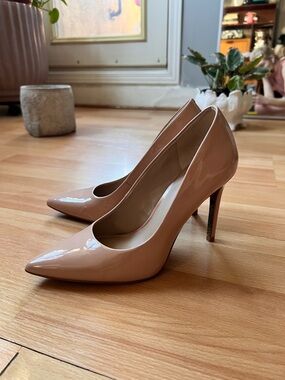 No. 6 Patent Nude Pointed-Toe Stiletto Pumps